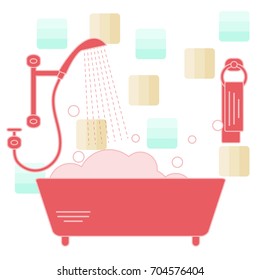 Cute vector illustration of variety bathroom elements: shower, bath with foam, soap bubbles,  towel hanging on holders, bathroom tiles. Design for poster or print.