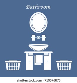 Cute vector illustration with variety bathroom elements: mirror, stand for glasses, washbasin, towel, towel holder, laundry baskets. Design for poster or print.