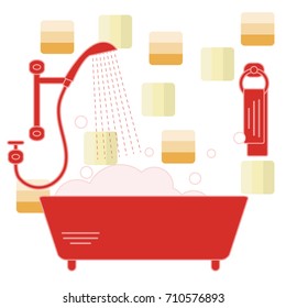 Cute vector illustration of variety bathroom elements: shower, bath with foam, soap bubbles,  towel hanging on holders, bathroom tiles. Design for poster or print.