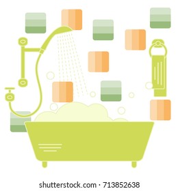 Cute vector illustration of variety bathroom elements: shower, bath with foam, soap bubbles,  towel hanging on holders, bathroom tiles. Design for poster or print.