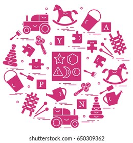 Cute vector illustration with variety of children's toys arranged in a circle.  Rocking horse, cubes, rattle, pyramid, sorter and other. Design for poster or print.