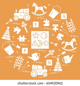 Cute vector illustration with variety of children's toys arranged in a circle.  Rocking horse, cubes, rattle, pyramid, sorter and other. Design for poster or print.