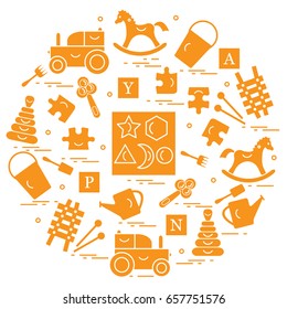 Cute vector illustration with variety of children's toys arranged in a circle.  Rocking horse, cubes, rattle, pyramid, sorter and other. Design for poster or print.