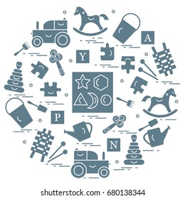 Cute vector illustration with variety of children's toys arranged in a circle.  Rocking horse, cubes, rattle, pyramid, sorter and other. Design for poster or print.