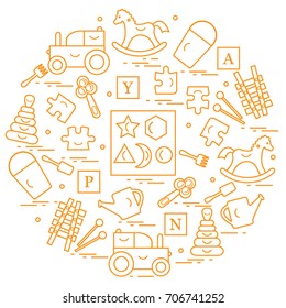 Cute vector illustration with variety of children's toys arranged in a circle.  Rocking horse, cubes, rattle, pyramid, sorter and other. Design for poster or print.