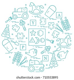 Cute vector illustration with variety of children's toys arranged in a circle.  Rocking horse, cubes, rattle, pyramid, sorter and other. Design for poster or print.