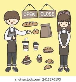 Eine süße Vektorgrafik von verschiedenen Kaffeehäusern und Bäckereien, einschließlich männlicher und weiblicher Mitarbeiter.