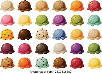 Cute vector illustration of various colorful scoops of ice cream.