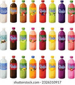 Cute vector illustration of various colorful soda bottles with fruit flavors and labels.
