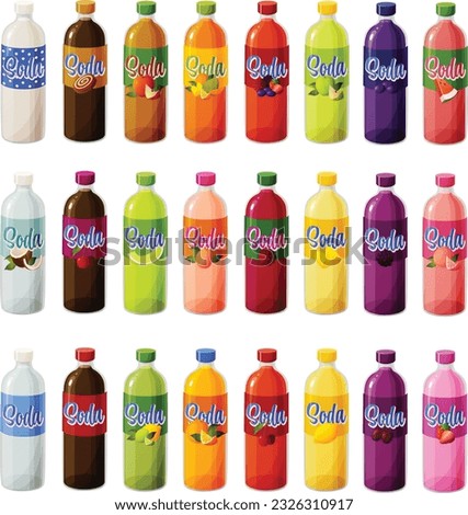 Cute vector illustration of various colorful soda bottles with fruit flavors and labels.