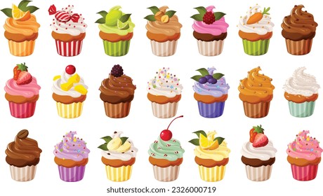 Cute vector illustration of various cupcakes with colorful frosting and garnish.