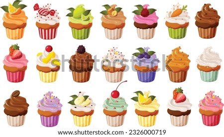 Cute vector illustration of various cupcakes with colorful frosting and garnish.