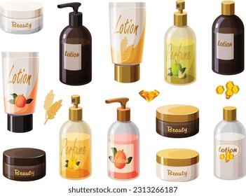 Cute vector illustration of various girly woman beauty products in expensive glass bottle dispensers.