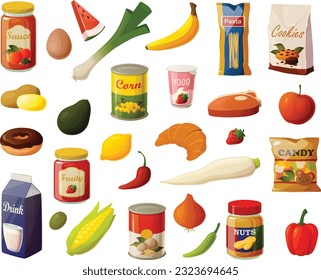 Cute vector illustration of various grocery list items such as vegetables, dried goods and snacks for the pantry.