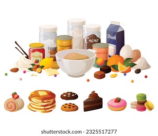 Cute vector illustration of various home made pantry baking ingredients and pastries, cookies and pancakes.