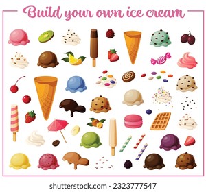 Cute vector illustration of various items needed to build your own custom DIY Ice cream, including cones, scoops, fruits, toppings and sauces.