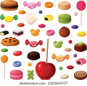 Ilustración portadora de diversos tipos de caramelos mixtos, caramelos, regaliz, chocolate y galletas.