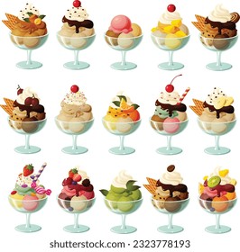 Cute vector illustration of various kinds of ice cream in glasses with toppings, sauces and fruit.