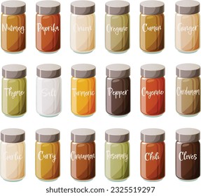 Cute vector illustration of various kinds of herbs and spices in glass jars with a metal lid.