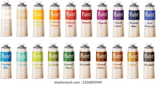 Cute vector illustration of various kinds of colorful oils paint tubes.
