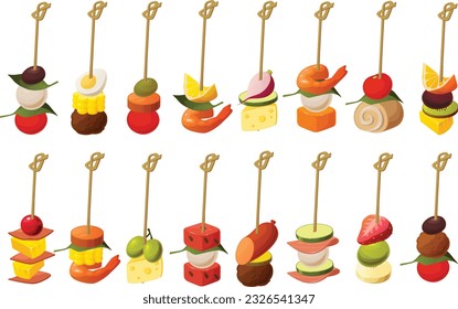 Cute vector illustration of various kinds of festive gourmet canape snacks for parties and entertaining.