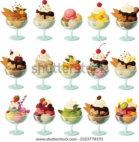 Cute vector illustration of various kinds of ice cream in glasses with toppings, sauces and fruit.