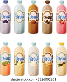 Cute vector illustration of various milk or dairy drinks in glass bottles.