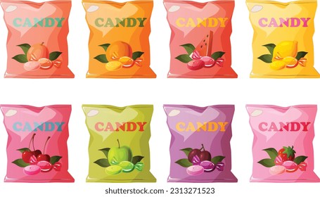 Cute vector illustration of various plastic bags of hard candy with fruit flavor.