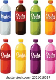 Cute vector illustration of various soda bottles with different flavors and colors.