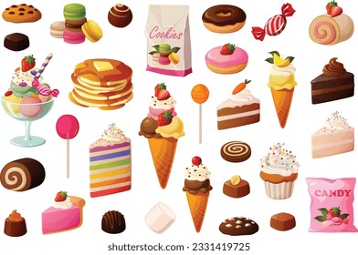 Cute vector illustration of various sweet sugar baked goods, candy and ice cream.