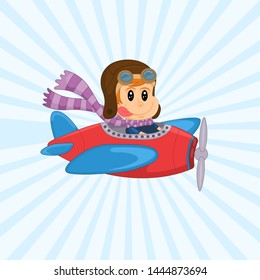 Cute Vector Illustration of a vintage plane with a funny little pilot. Cheerful boy flying in airplane. Design for print, emblem, t-shirt, party decoration, sticker, logotype.
