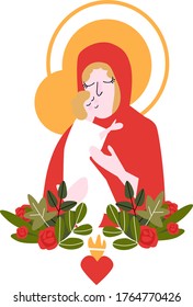 Cute vector illustration of Virgin Mary with baby Jesus surrounded by blooming flowers, roses and ex voto   Heart. Sacred holy family for religious Christian design for Christmas church decoration