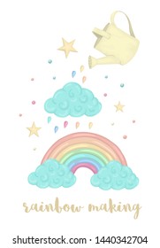 Cute vector illustration of watercolor style rainbow making process with cloud, watering can, stars isolated on white background. Unicorn themed picture for print, banner, card or textile design