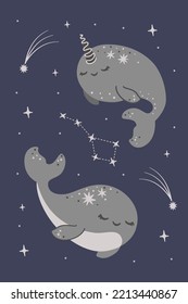 Cute vector illustration. Cute whale and narwhal floating in the sky among the stars. Fish in space. Cute magical illustration 