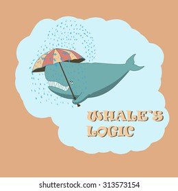 Cute vector illustration with whale, umbrella and rain
