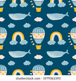 Cute vector illustration with whales, balloons, rainbows and clouds for children's decoration, printing prints on fabric, wallpaper and gift packaging. Seamless pattern on a dark blue background.