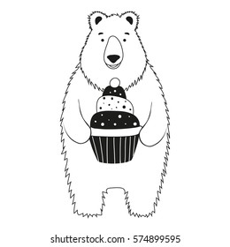 Cute vector illustration with white bear holding a cupcake. Funny greeting card with cartoon animal character, cafe flyer. Hipster print design