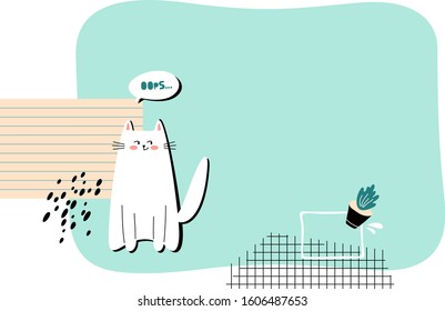 Cute vector illustration of white cat, falling flower pot, speech balloon and abstract elements on colorful background. Funny collage for website, card, poster, textile, design. 