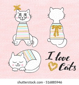 Cute vector illustration of white cat in striped sweater . Lovely hand drawn card. Details with gold glitter