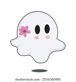 A cute vector illustration of a white ghost with A pink flower.