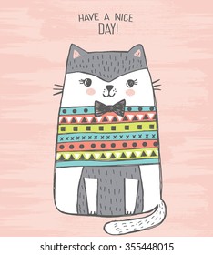 Cute vector illustration of white and gray cat in knitted sweater with bow tie. Lovely hand drawn card. Kitten drawn with colored crayons and pen. Have a nice day! More beautiful cards in my portfolio