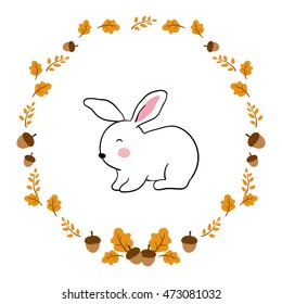 Cute vector illustration with white rabbit and floral frame in autumn.Doodle style.