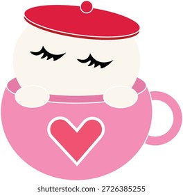 Una linda Ilustración vectorial de un personaje redondo blanco con pestañas largas con una boina roja, asomándose de una taza de té o taza rosa.