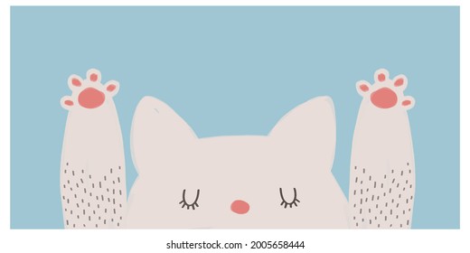 Cute Vector Illustration with White Speeping Kitty Isolated on a Light Blue Background. Infantile Style Nursery Art with Funny Cat ideal for Wall Art, Card,Poster, Kids Room Decoration.