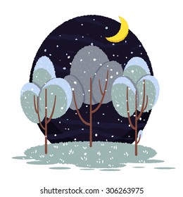 Cute vector illustration with winter snowy trees at night, small forest. Childish stile wood for greeting cards, books, magazine decoration. 