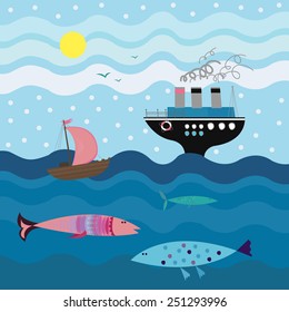 Cute vector illustration with: sea, fishes, ships.