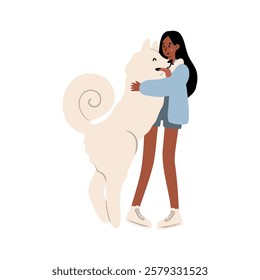 Cute vector illustration of a woman hugging a large fluffy dog. A young woman in a blue outfit embraces a white dog. Heartwarming pet-themed illustration for animal lovers.