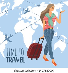 Cute vector illustration with Woman looking at a wristwatch and suitcase against a world map with flying airplanes in the sky . Cartoon Girl ready to travel