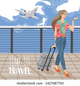 Cute vector illustration with Woman looking at a wristwatch and suitcase against the backdrop of a flying plane in the sky . Cartoon Girl ready to travel