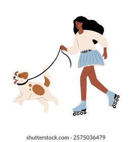 Cute vector illustration of a woman roller-skating with her dog. A woman in a white top and blue skirt holds a leash while a spotted dog runs alongside. Fun outdoor and pet-related concept.